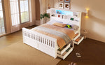 Platform Bed Frame with Storage Shelves, LED, USB and 4 Drawers, 160x200cm, White