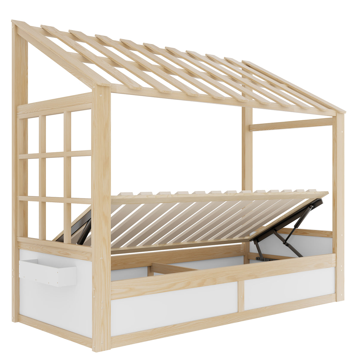 Kids Country Bed 90x200cm with Storage & Roof, Wood & White