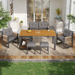 Outdoor Sofa Set with Woven Armrests, Cushions and Multifunctional Table, Iron Frame