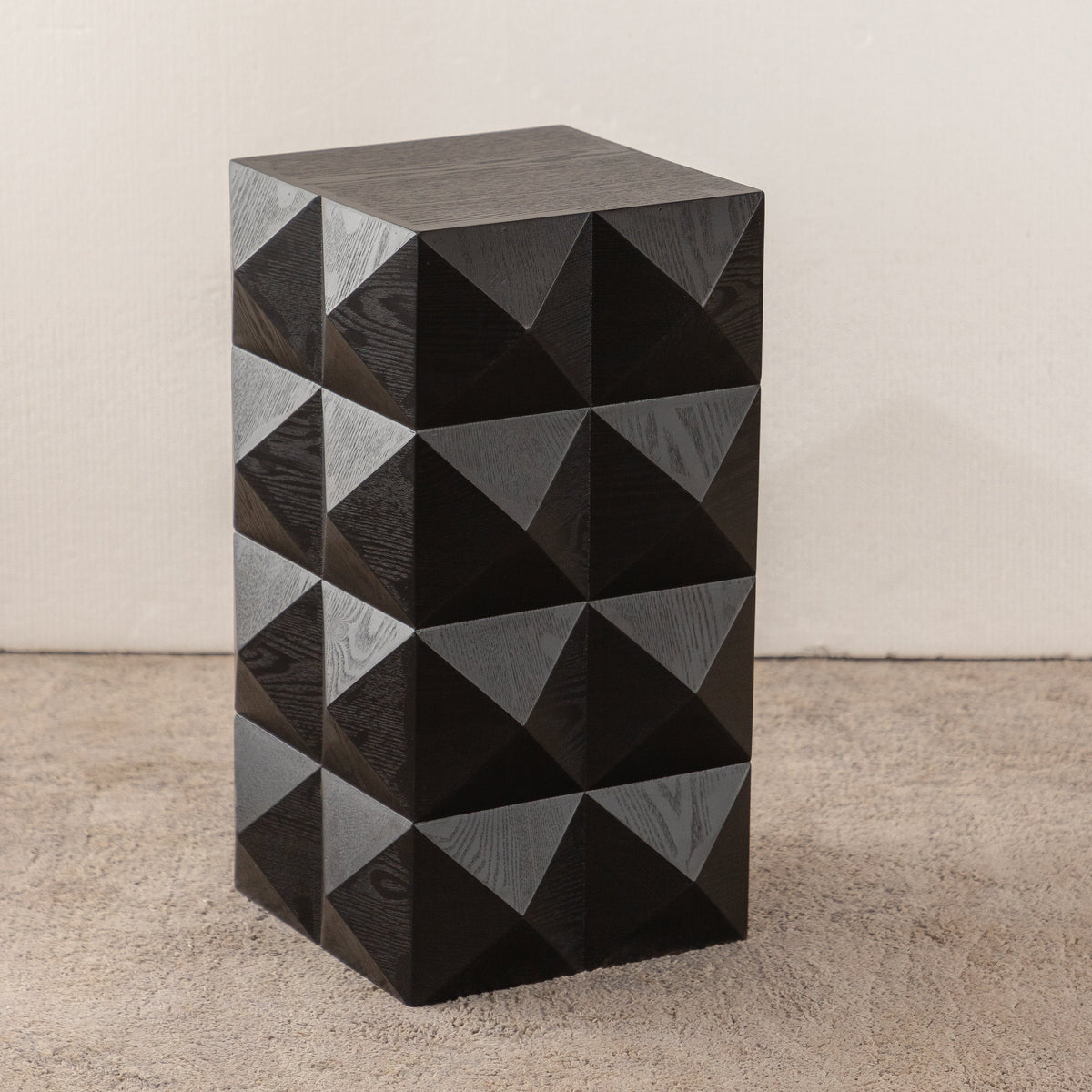 Retro Side Table - 60CM Height, Embossed Pattern, Wooden, Black