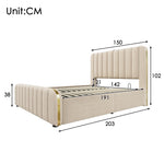 Upholstered Storage Bed 140x190cm with USB Charging, Beige Linen