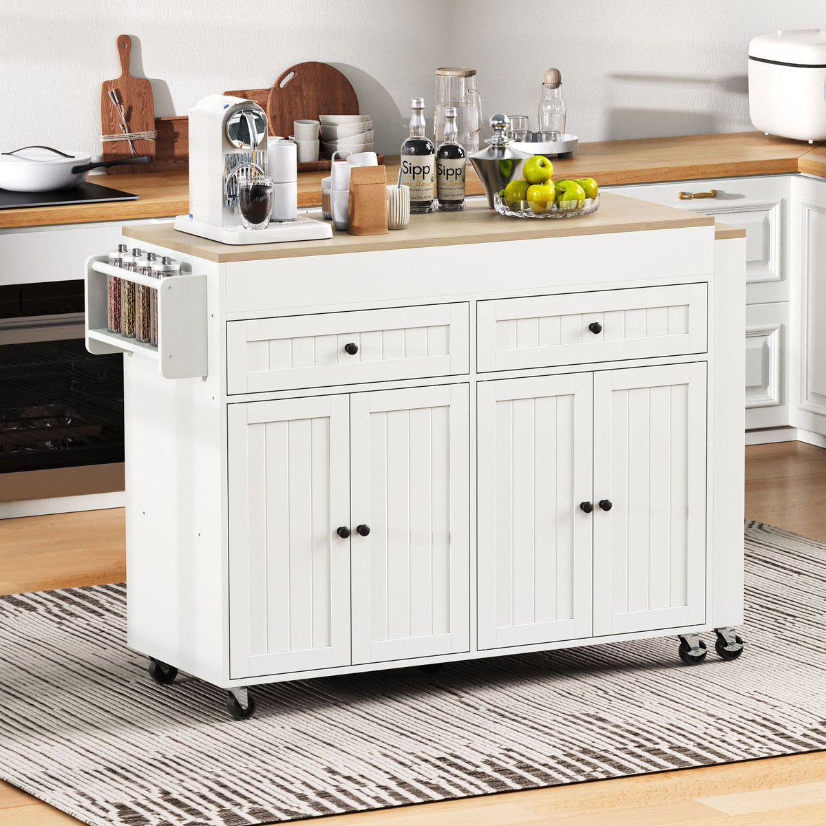 Kitchen Island, Extendable with Worktop & Drawers, Mobile, White+Natural