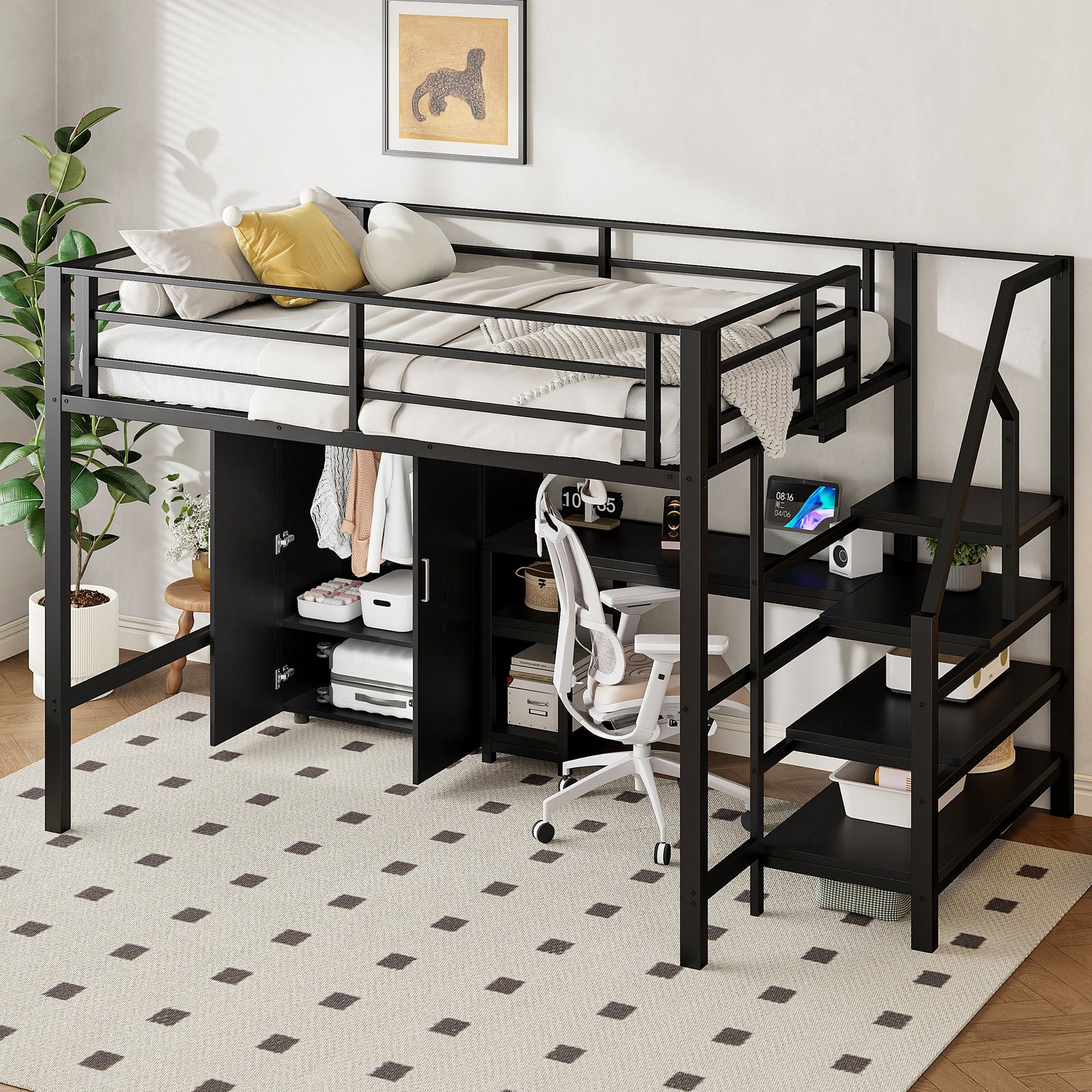 Loft Bed 140x200cm Wardrobe Shelves Storage Ladder Desk, Black
