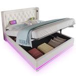 Upholstered Double Bed 180x200 with Storage & LED, White PU