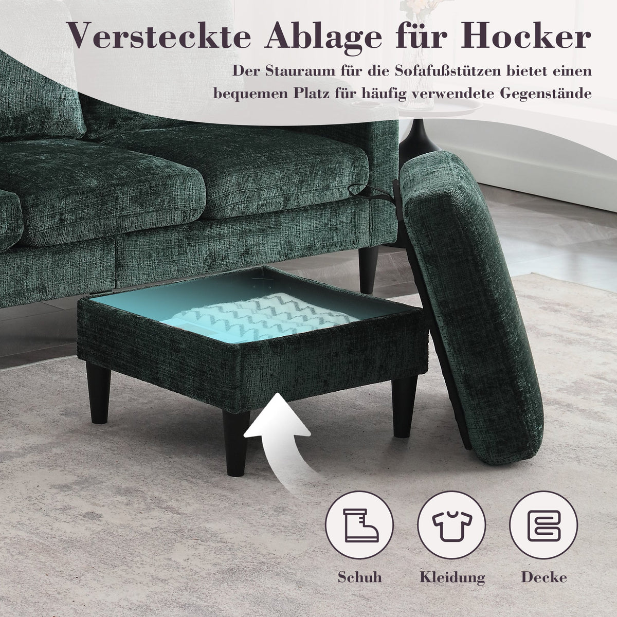 Sofa, 4-Seater with Footstool & Storage, Velvet