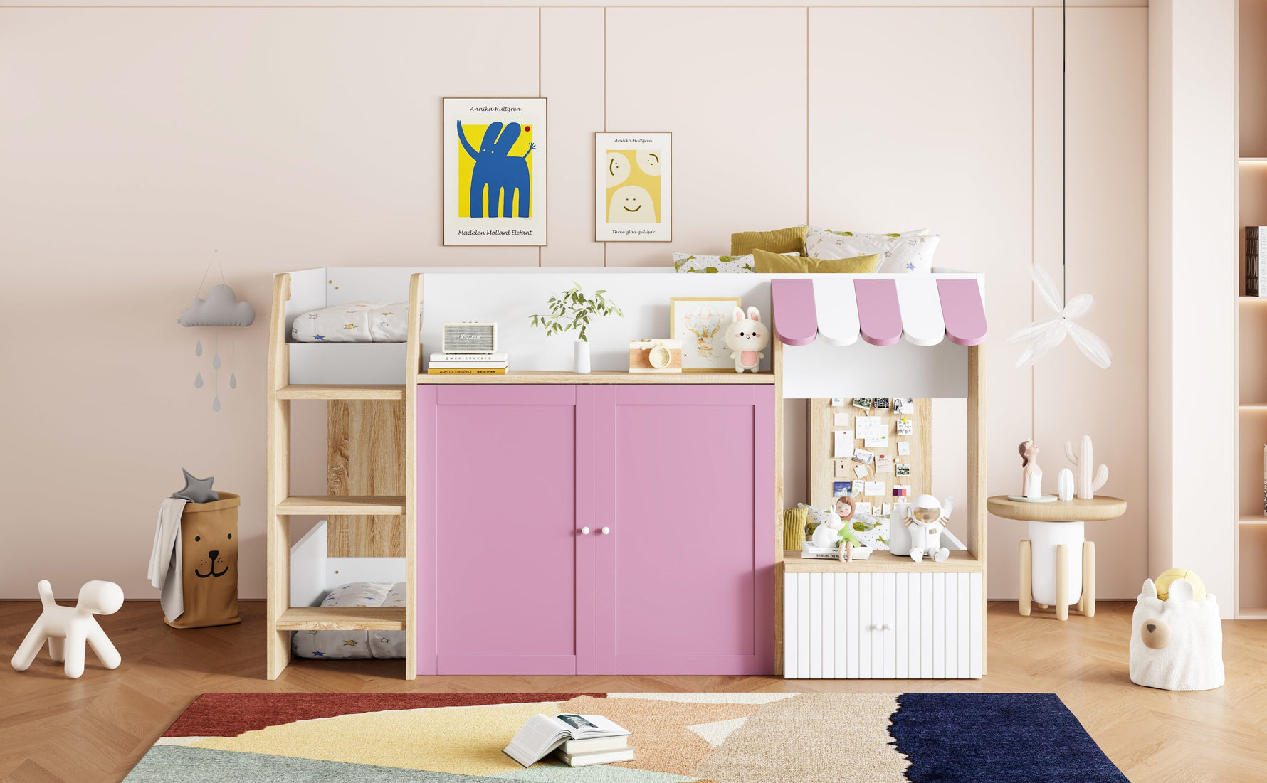 Children's House Bed Mid-Height 90x200 Storage Climbing Ladder - White/Pink Wood