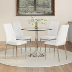 Dining Table Set, Minimalist 85cm Glass Table with 4 Chairs, White Faux Leather