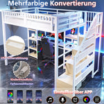Loft Bed with Desk, Storage Ladder, LED Lights and USB Port, White Metal and MDF