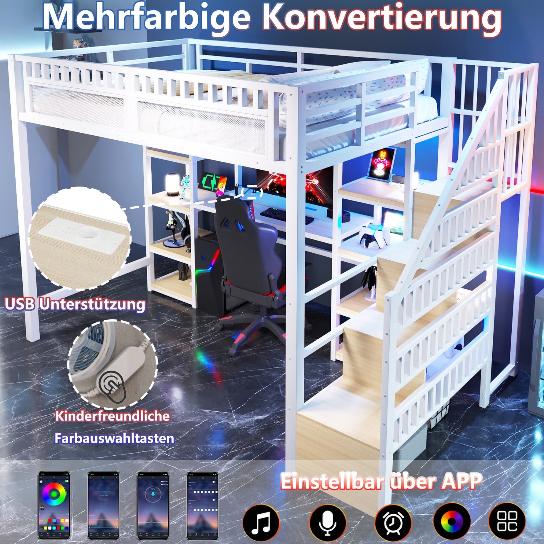 Loft Bed with Desk, Storage Ladder, LED Lights and USB Port, White Metal and MDF
