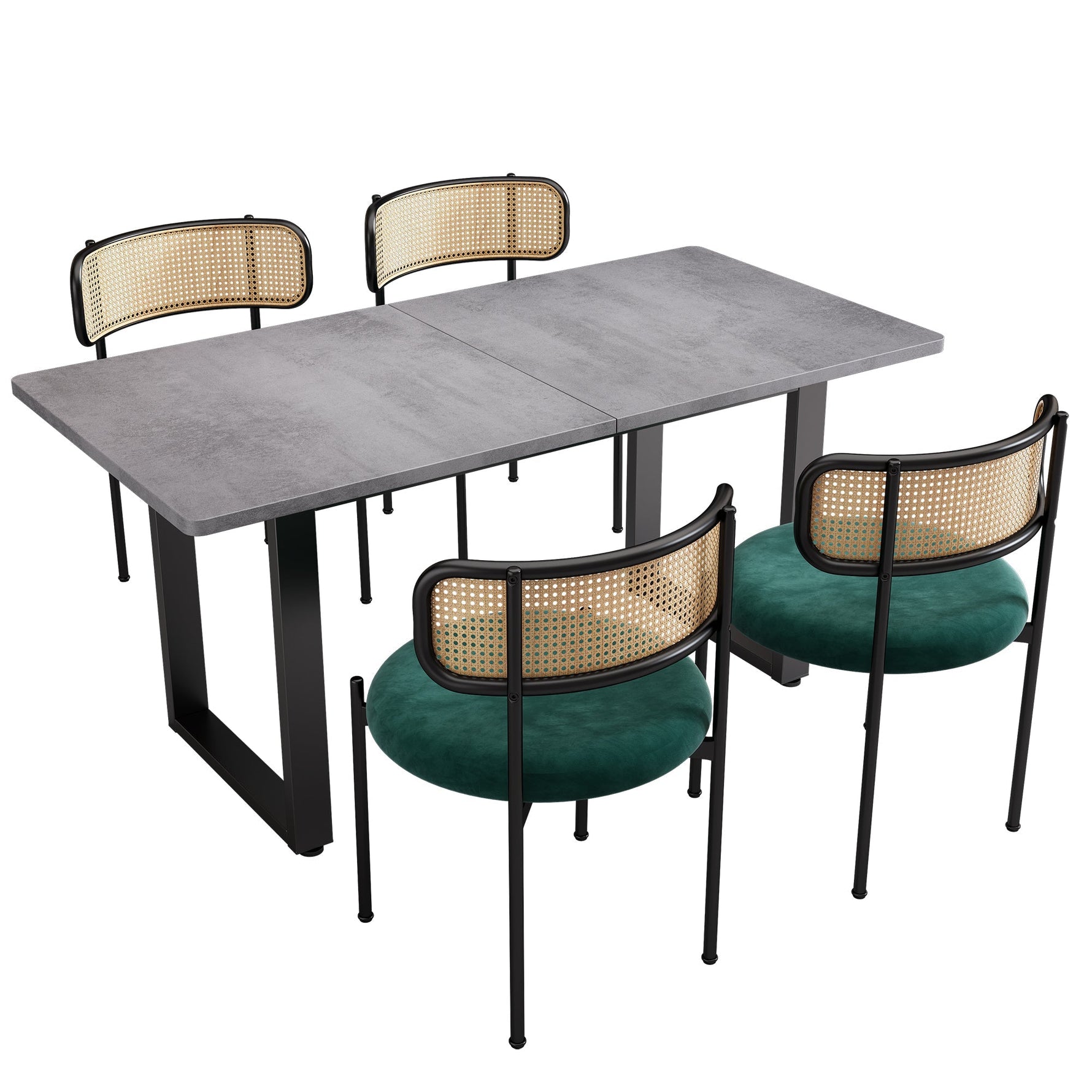 Dining Set 5-Piece Rectangular Table 4 Velvet Chairs - Grey/Green/Black