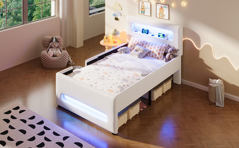 Upholstered Platform Bed 90x200cm Stairs Drawers LED USB Storage Pockets - White