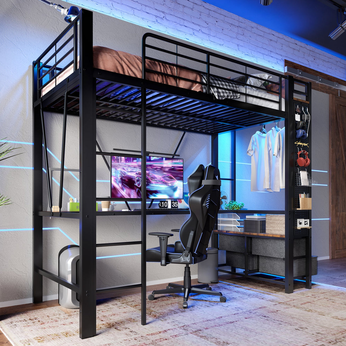 Loft Bed 90x200cm with Desk, Drying Rack, Storage, USB/Type-C & LED - Black Iron Frame