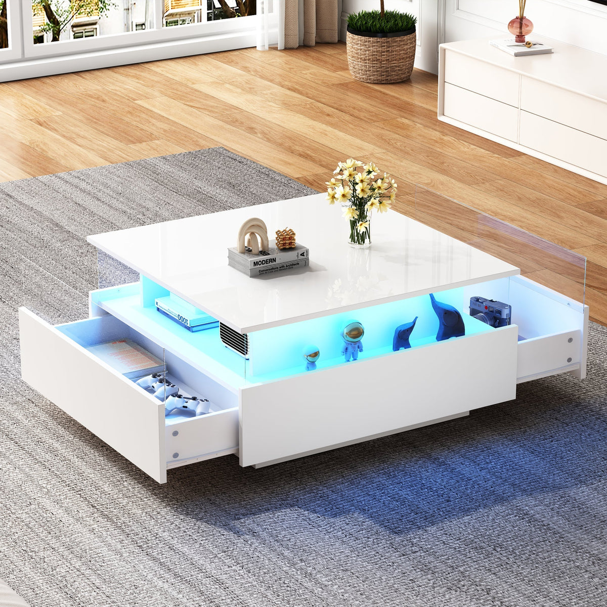 Coffee Table, Modern High-Gloss LED with 2 Drawers, Glass