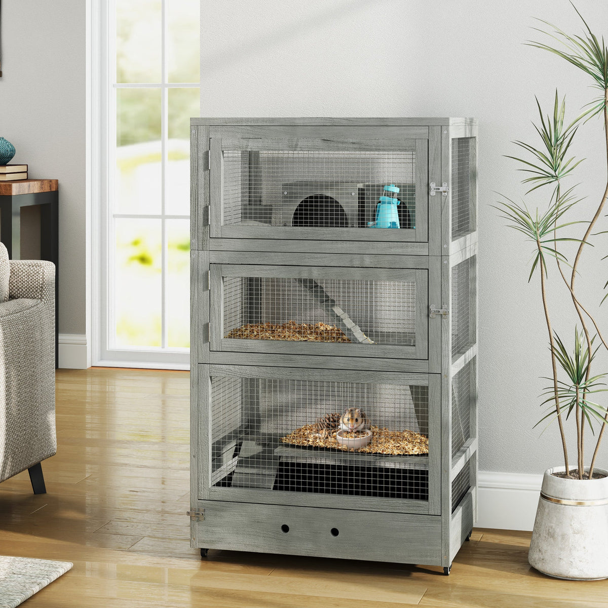 Wooden Dwarf Hamster Cage, 4-Tier with Huts, Food Bowls, Gray
