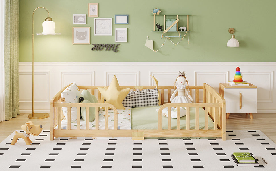 Floor Bed 140x200cm with Safety Railings, Natural Pine Wood