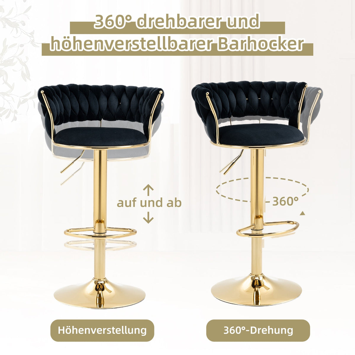 Velvet Swivel Bar Stool Set, Adjustable Height with Handcrafted Backrest