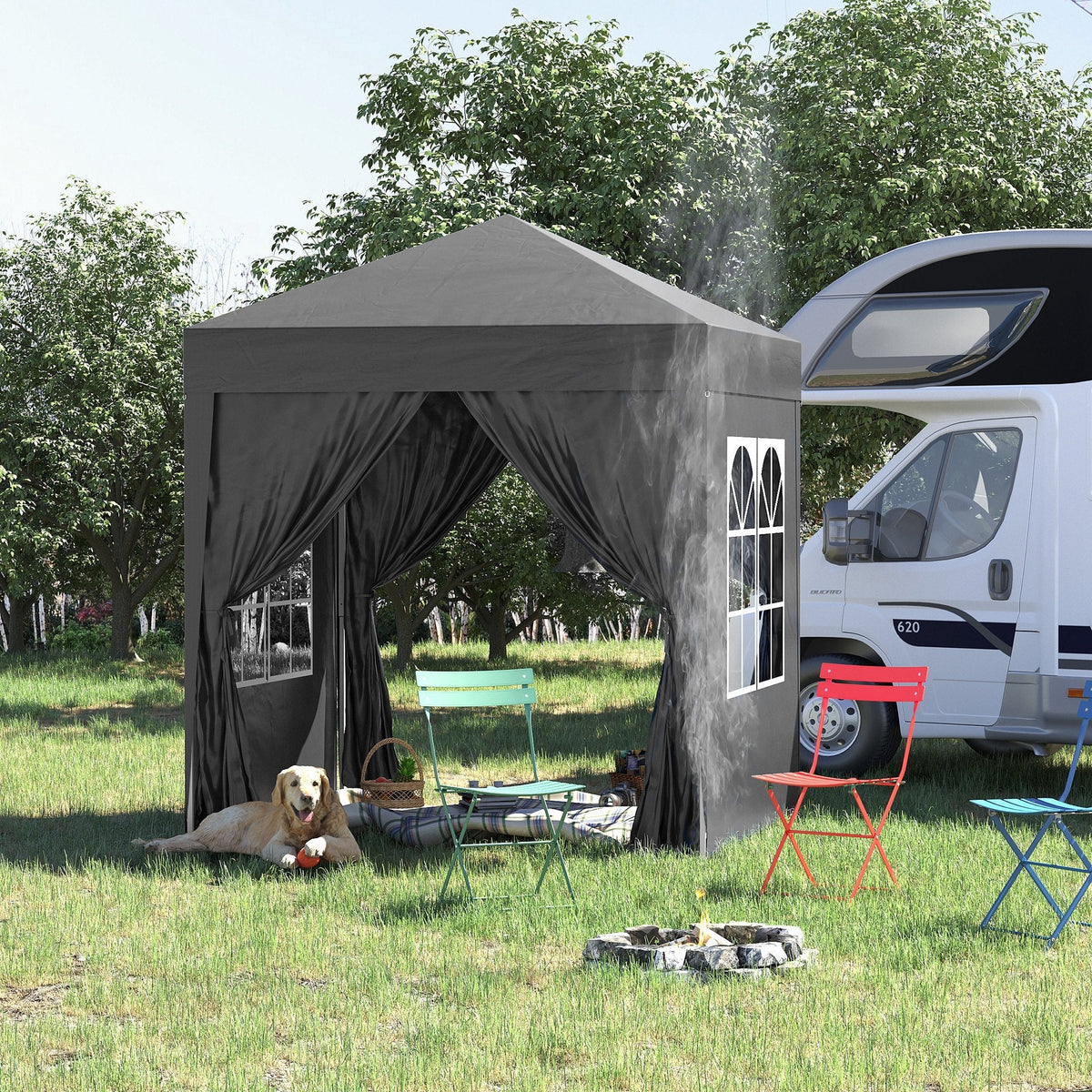 Folding Pavilion 2x2m 4 Side Panels Windows UV Protection Steel Oxford Black