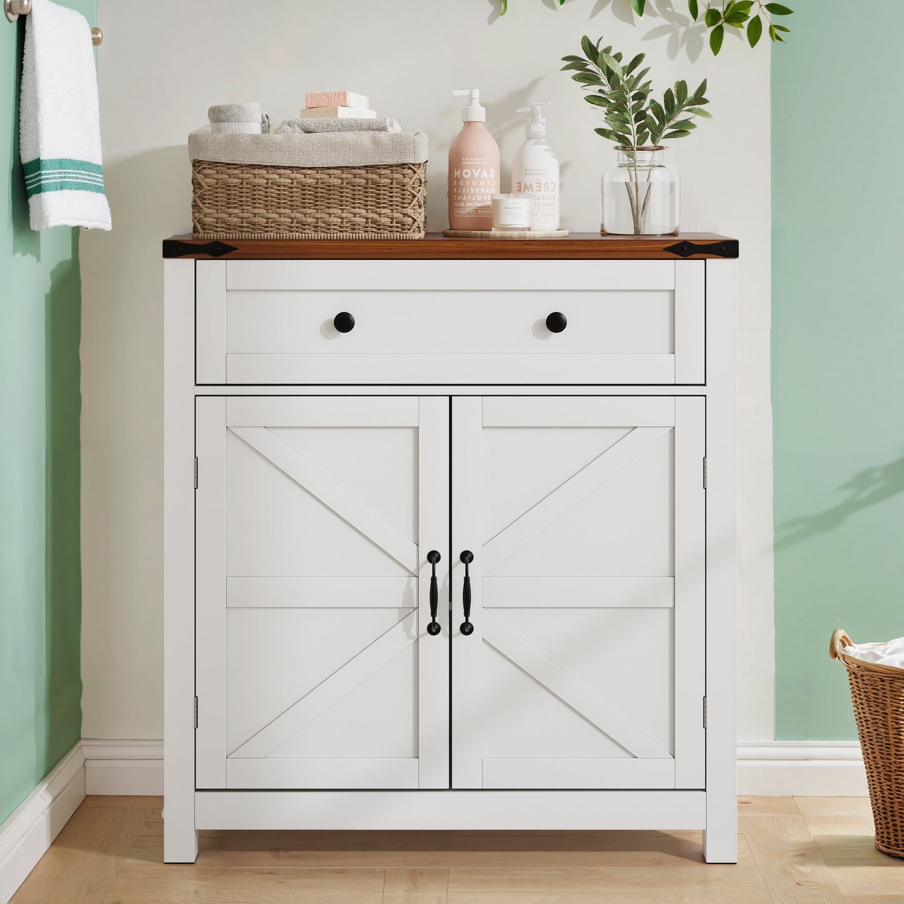 Farmhouse Storage Cabinets with Drawers and Adjustable Shelves, White with Walnut Countertops