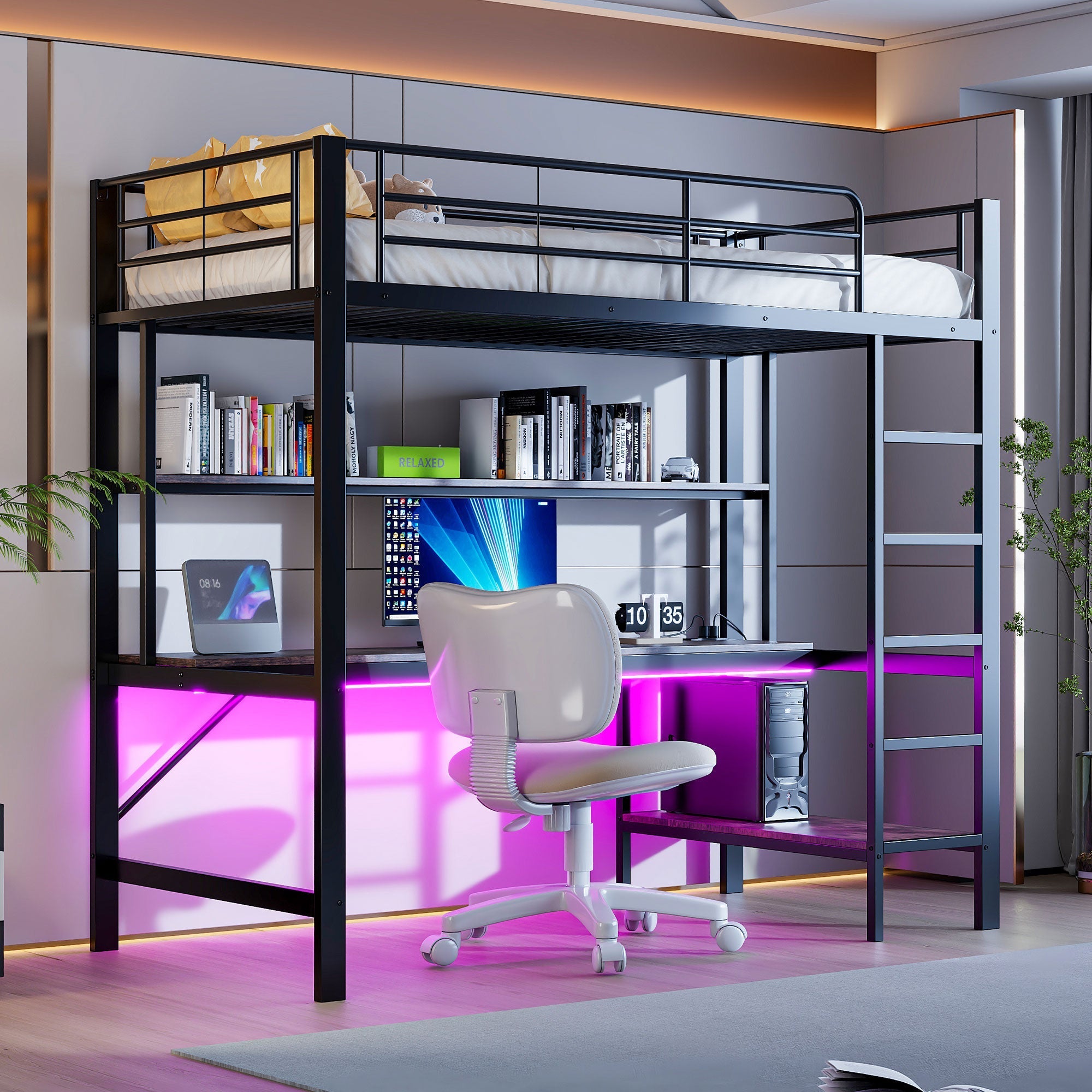 Loft Bed with Desk, LED Lights, USB and Power Outlet, Black Metal