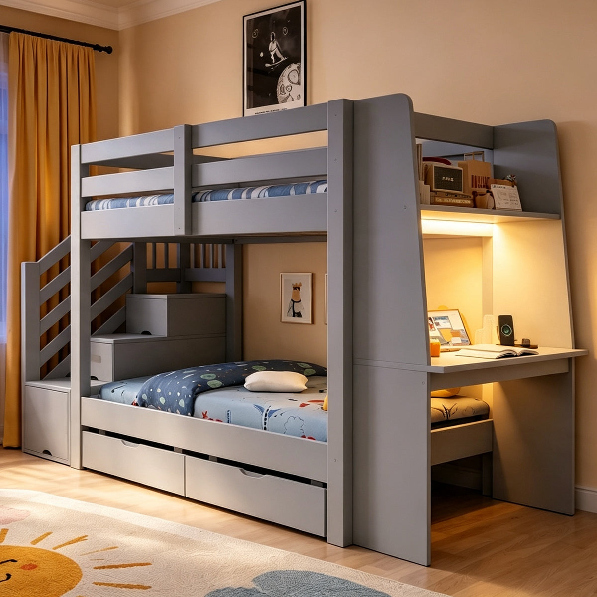 Kids Bunk Bed 90x200cm with Desk, LED & Drawers, Wooden Grey