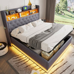 LED Upholstered Bed, 160x200cm, USB Charging, Hydraulic Storage, Linen Fabric, Grey