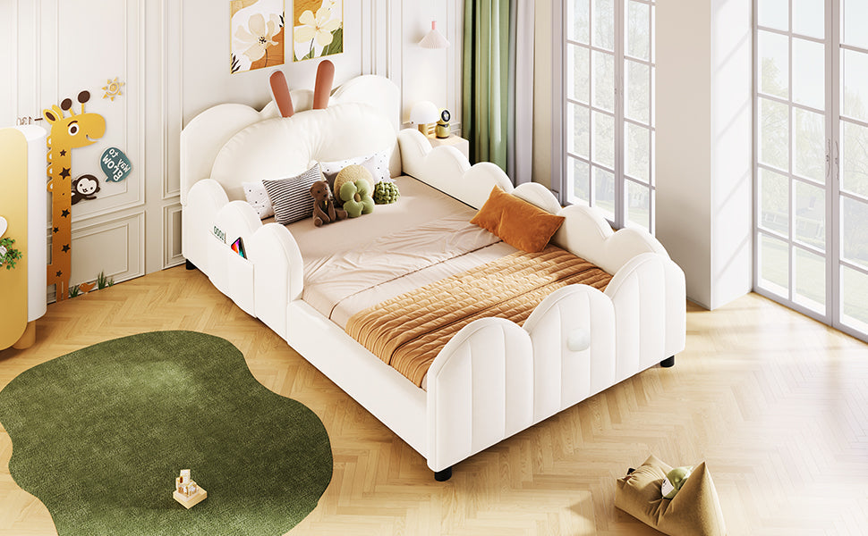 Upholstered Platform Bed with Rabbit-Shaped Cushions, 90x200cm, Beige