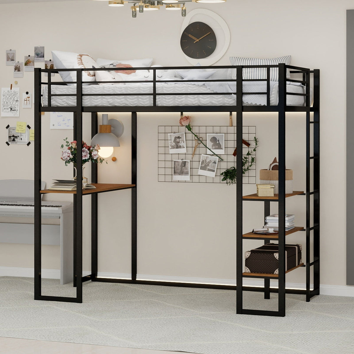 Iron Frame Bed, L-Shaped Desk, Railing & Reversible Stairs, Metal