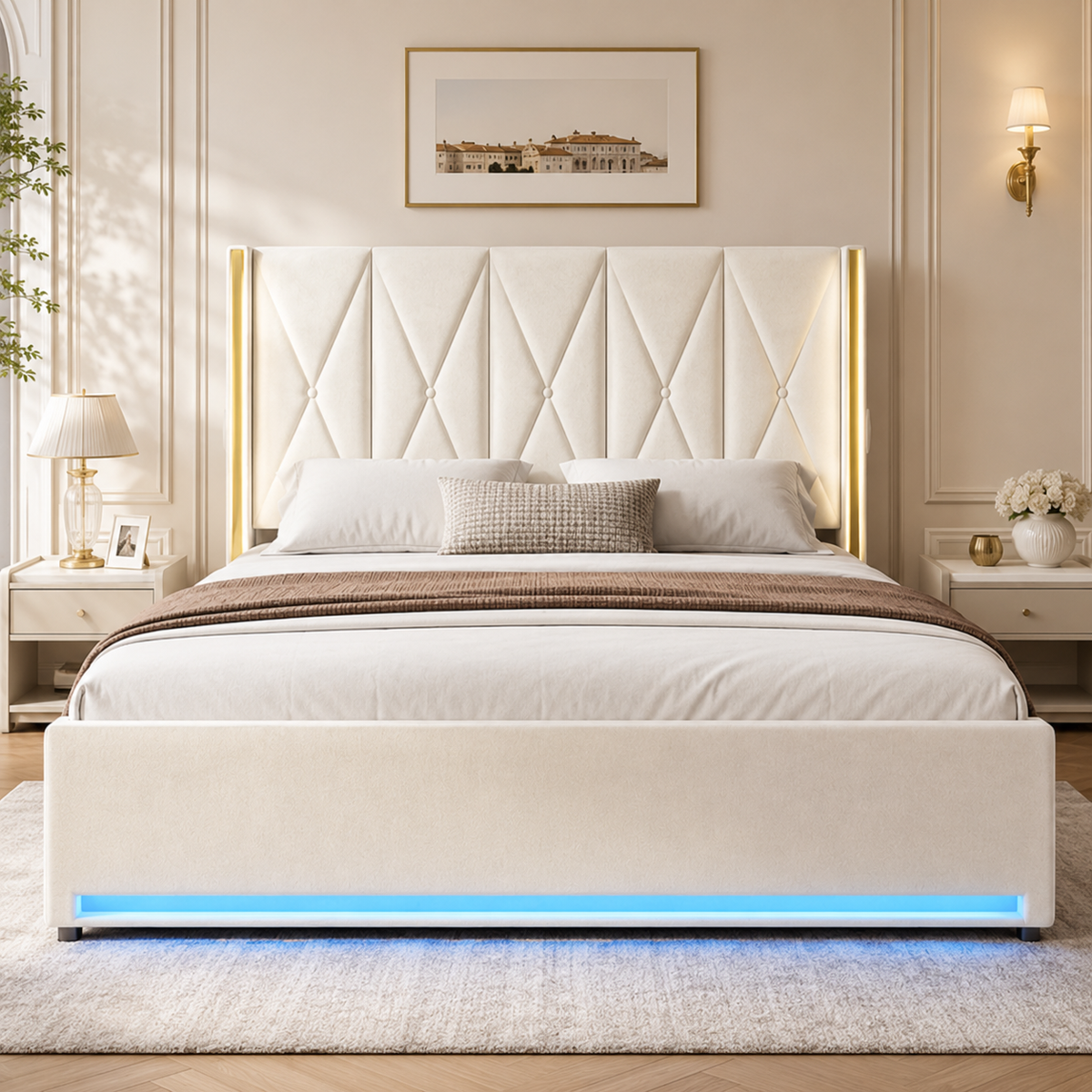 Storage Bed with LED, USB & Hydraulic Storage, 180x200cm, Velour