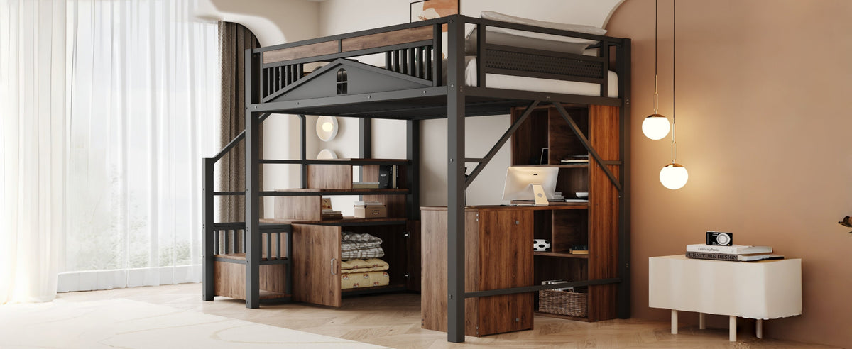 Metal Loft Bed 140x200cm Safety Enclosure with Window Ladder Locker Black