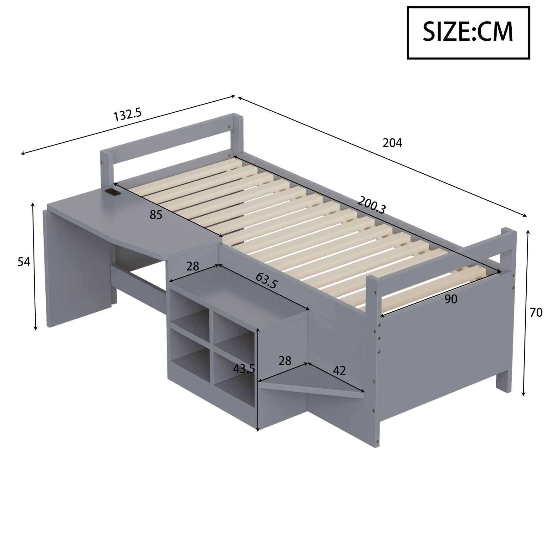 Children's Bed with Storage, Desk and European Sockets, 90x200cm, Grey Wood