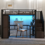 Loft Bed 90x200 cm with Desk, Storage & LED, Black Iron Frame