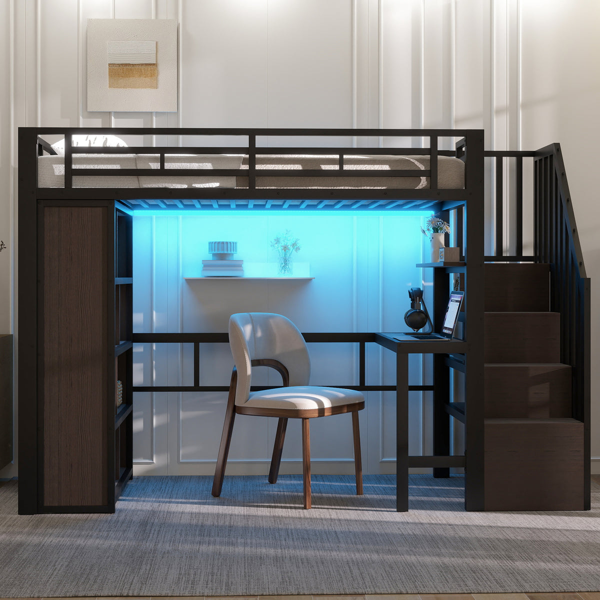 Loft Bed 90x200 cm with Desk, Storage & LED, Black Iron Frame