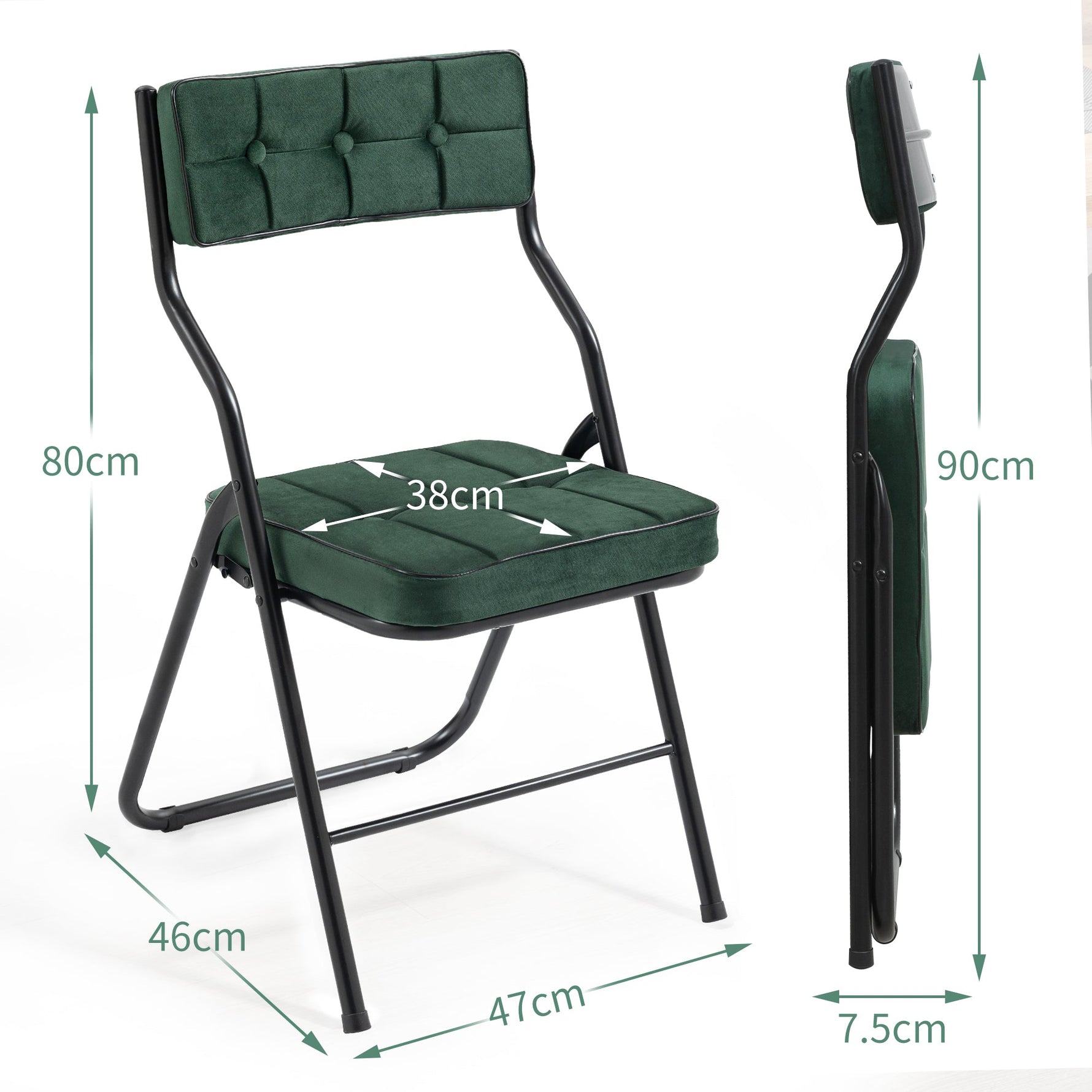 Padded Folding Chairs, 2 Pack with Cushion and Upholstered Seat, Green