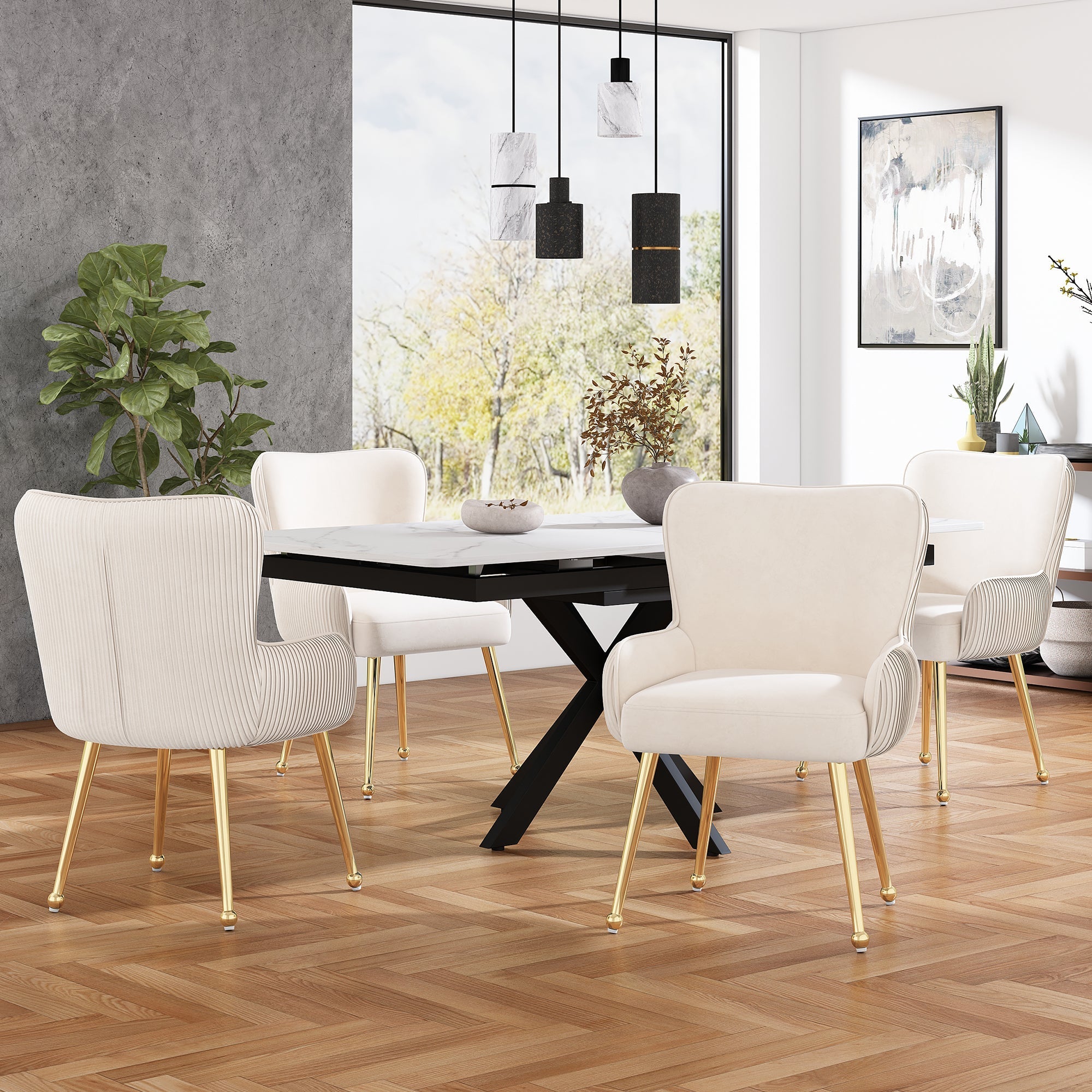 Velvet Dining Chair Set of 4 Gold Metal Legs Armrests Lumbar Support - Beige