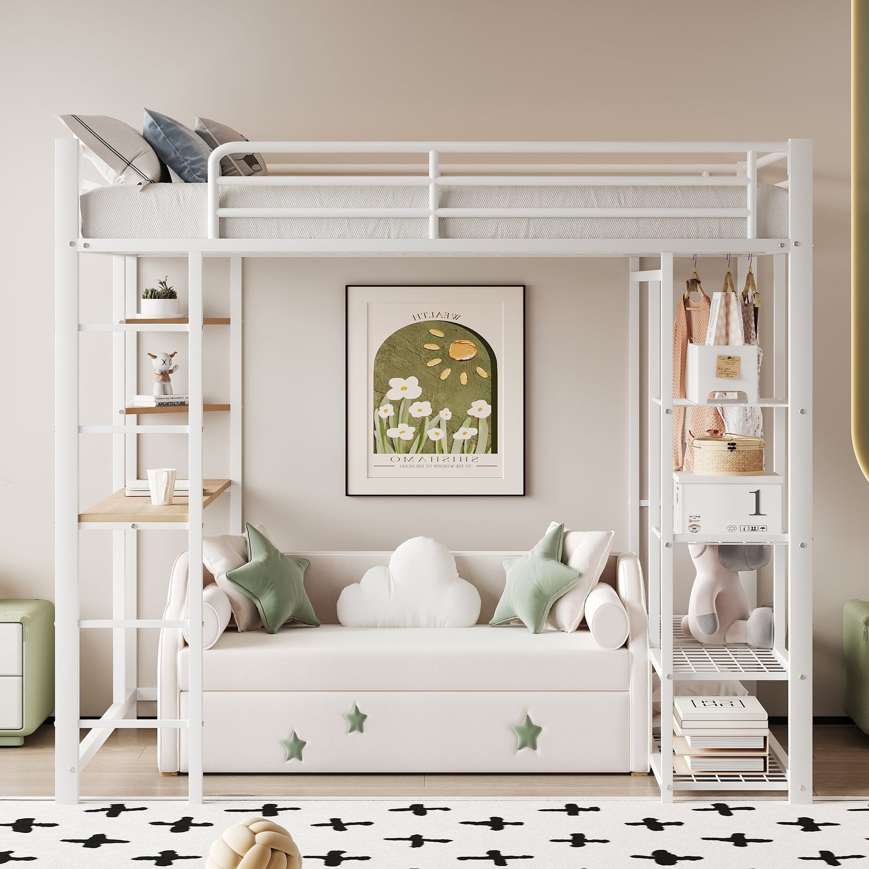 Loft Bed, Ladder & Table, Storage, White