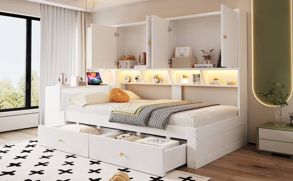 Multifunctional Bed 90x200cm with Desk, LED & Storage - White