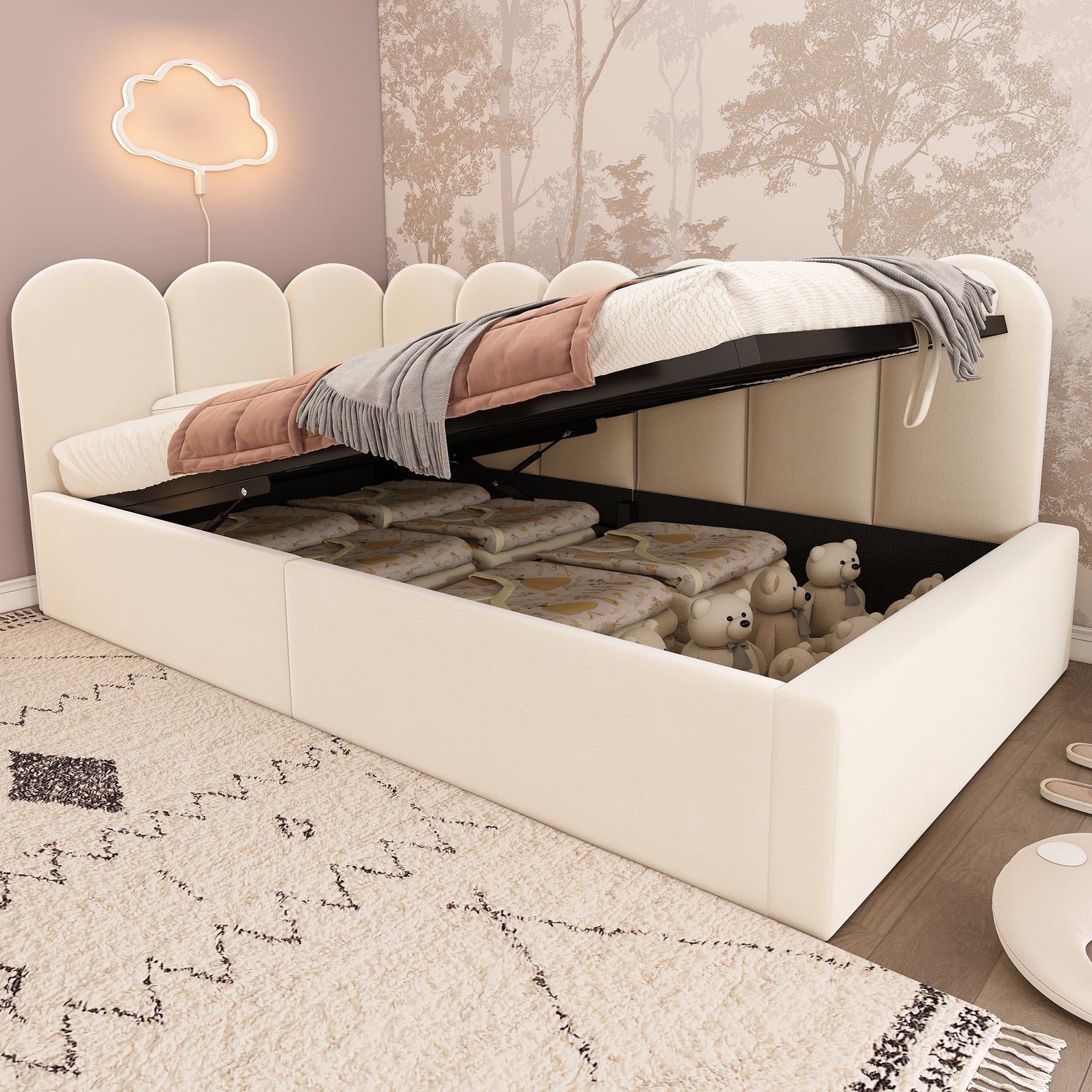 Upholstered Daybed Sofa Bed 90x190cm Hydraulic Storage Metal Slatted Base, Beige Velvet