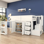 Multifunctional Children's Loft Bed with Desk, Wardrobe and Storage Stairs, White MDF