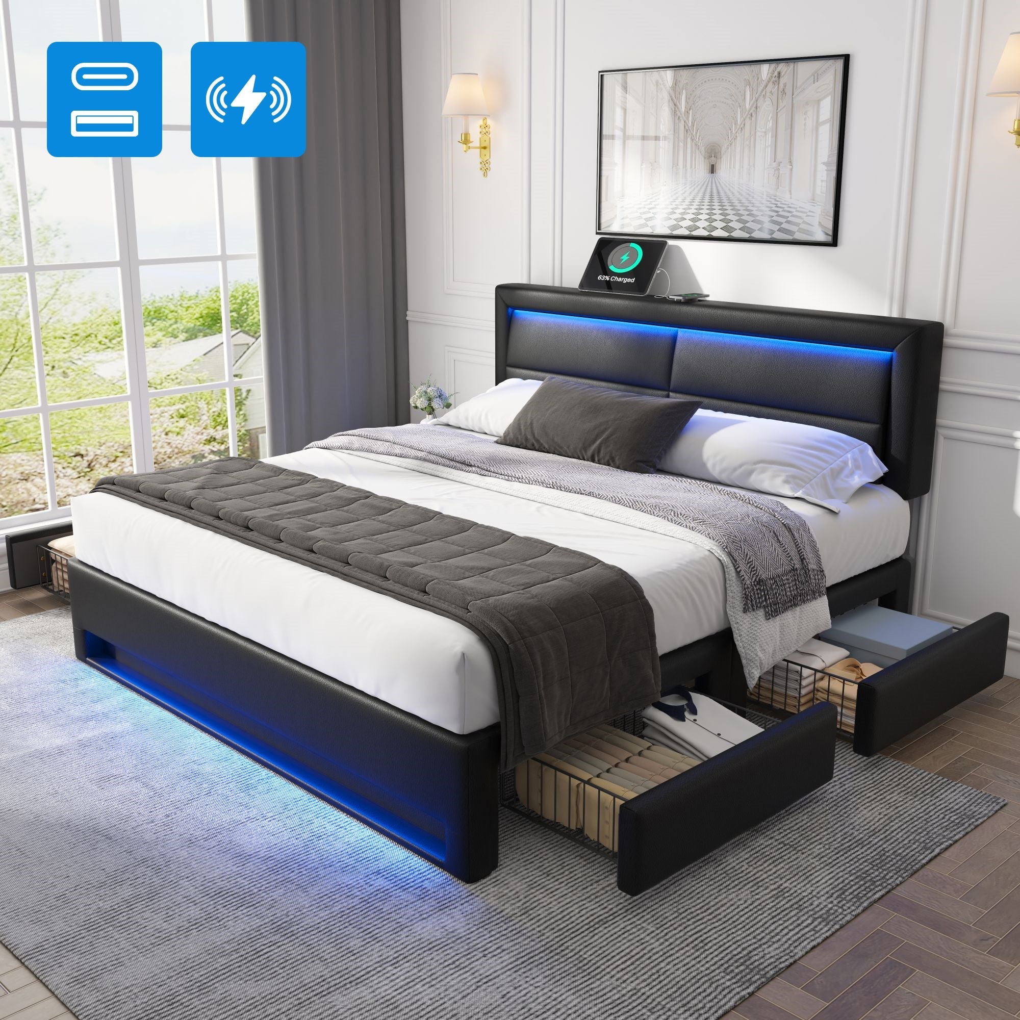 Upholstered Bed 140x190cm LED Light USB Charging 4 Storage Drawers Lychee PU Black