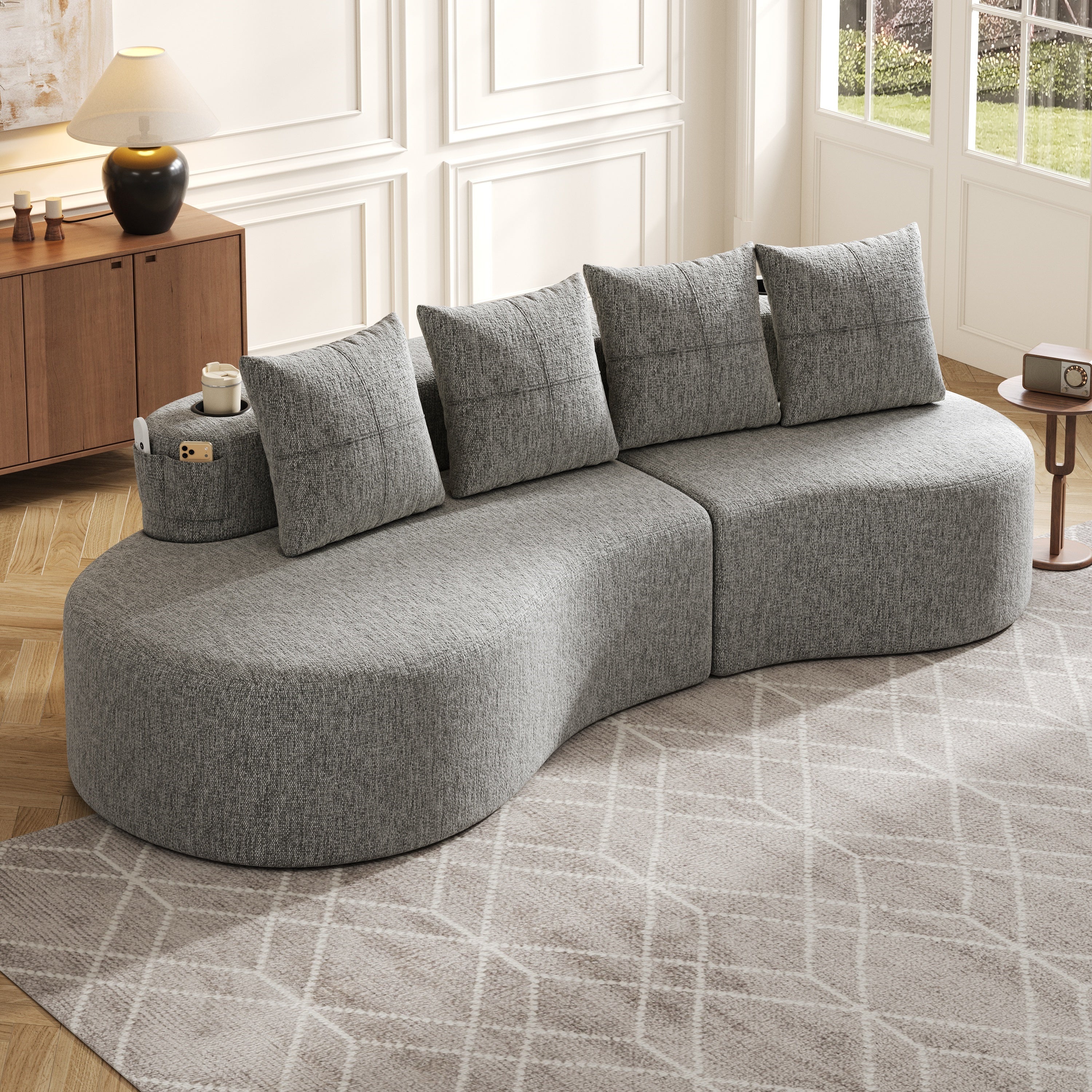 Linen Sofa with 4 Cushions, Cup Holder and Side Pocket, Light Grey