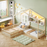 Children's Bed with Window, Shelves and LED Light Strip, Wood Color