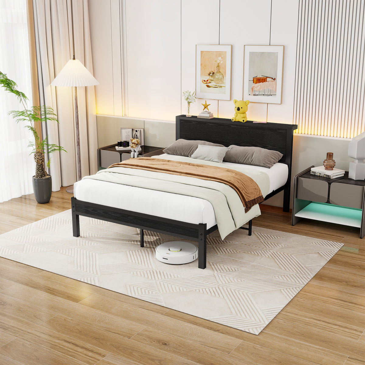 Single Metal Platform Bed Frame with Storage, 120x200cm, Vintage Black
