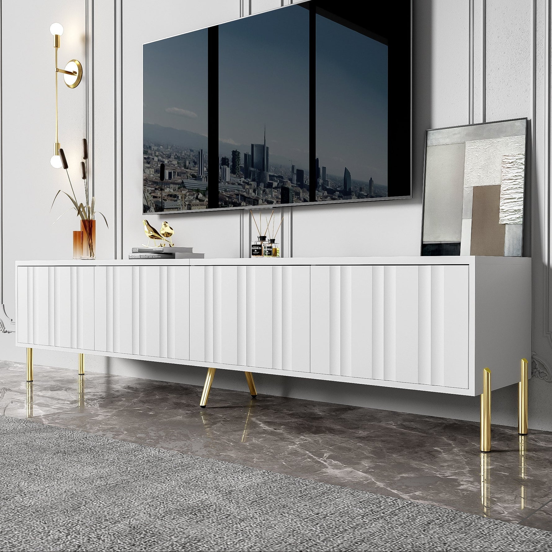 TV Cabinet 190cm Grooved Door Gold Legs - White