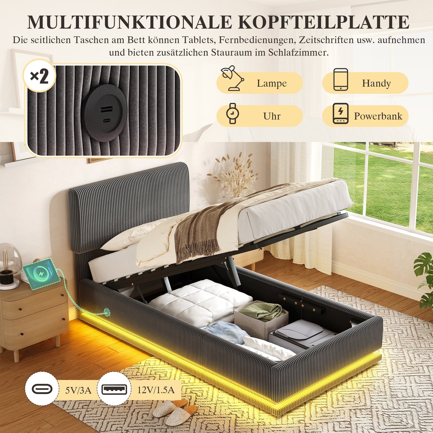 Modern Upholstered Bed with LED, USB-C Charging and Storage, 90x200, Gray Corduroy