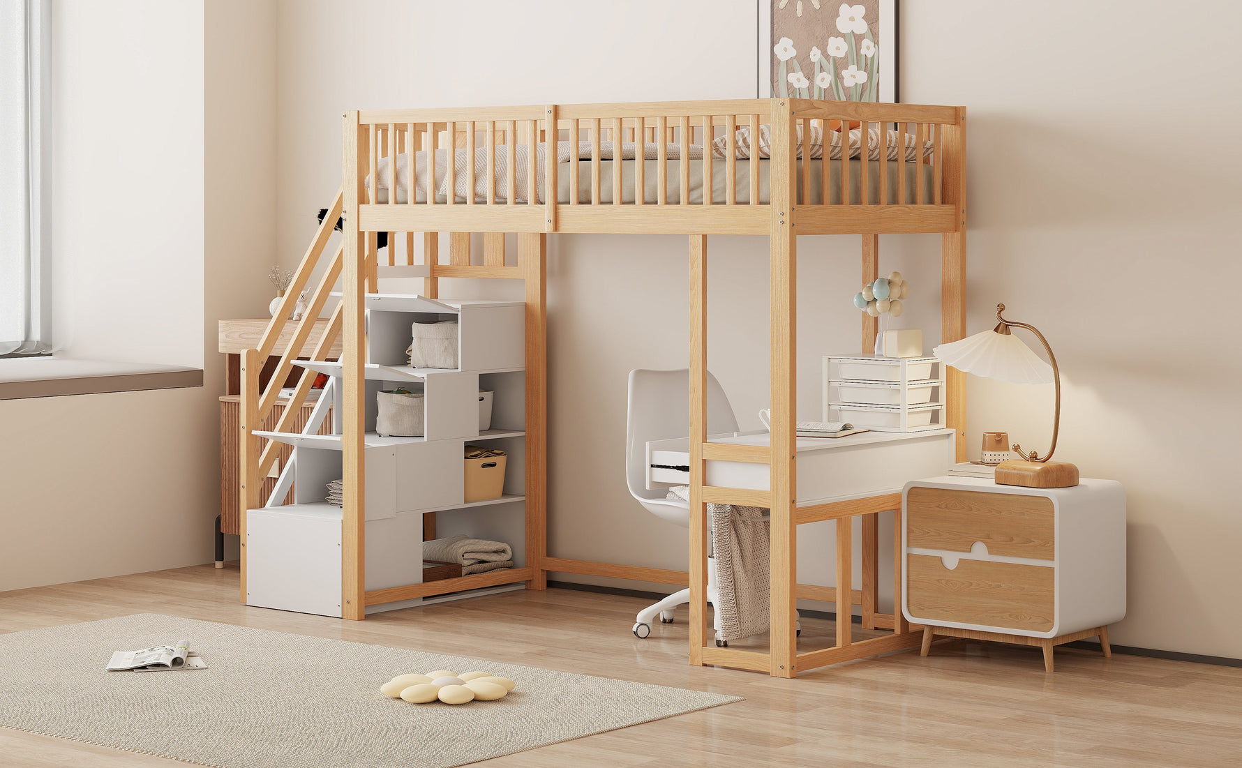 Loft Bed 90x200 Multifunctional Table Storage Stairs, Solid Pine Wood White