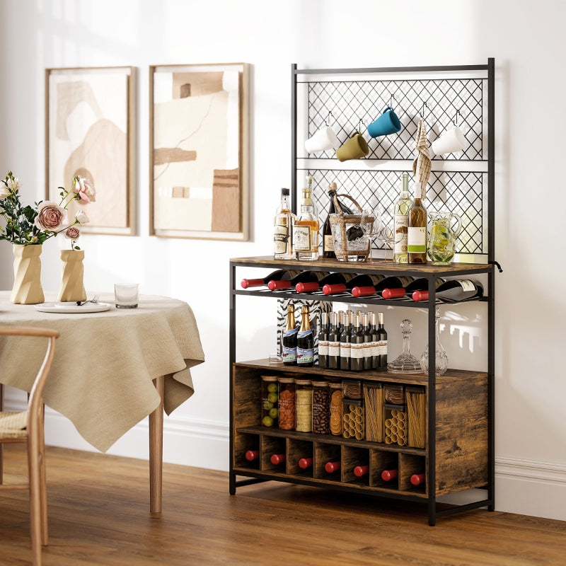 Kitchen Shelf with Worktop, Mesh Panels, 5 Hooks, Brown