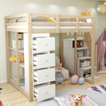 Loft Bed 140x200cm with Storage Drawers, Shelves, & Ladder, Solid Wood