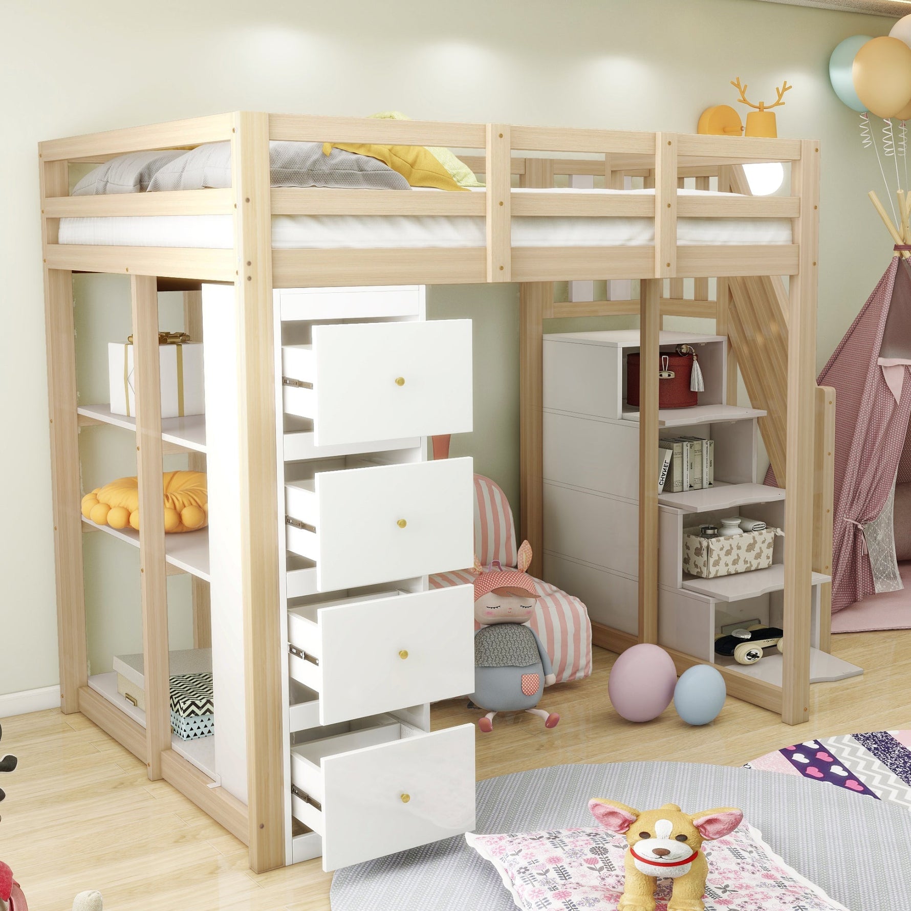 Loft Bed 140x200cm with Storage Drawers, Shelves, & Ladder, Solid Wood
