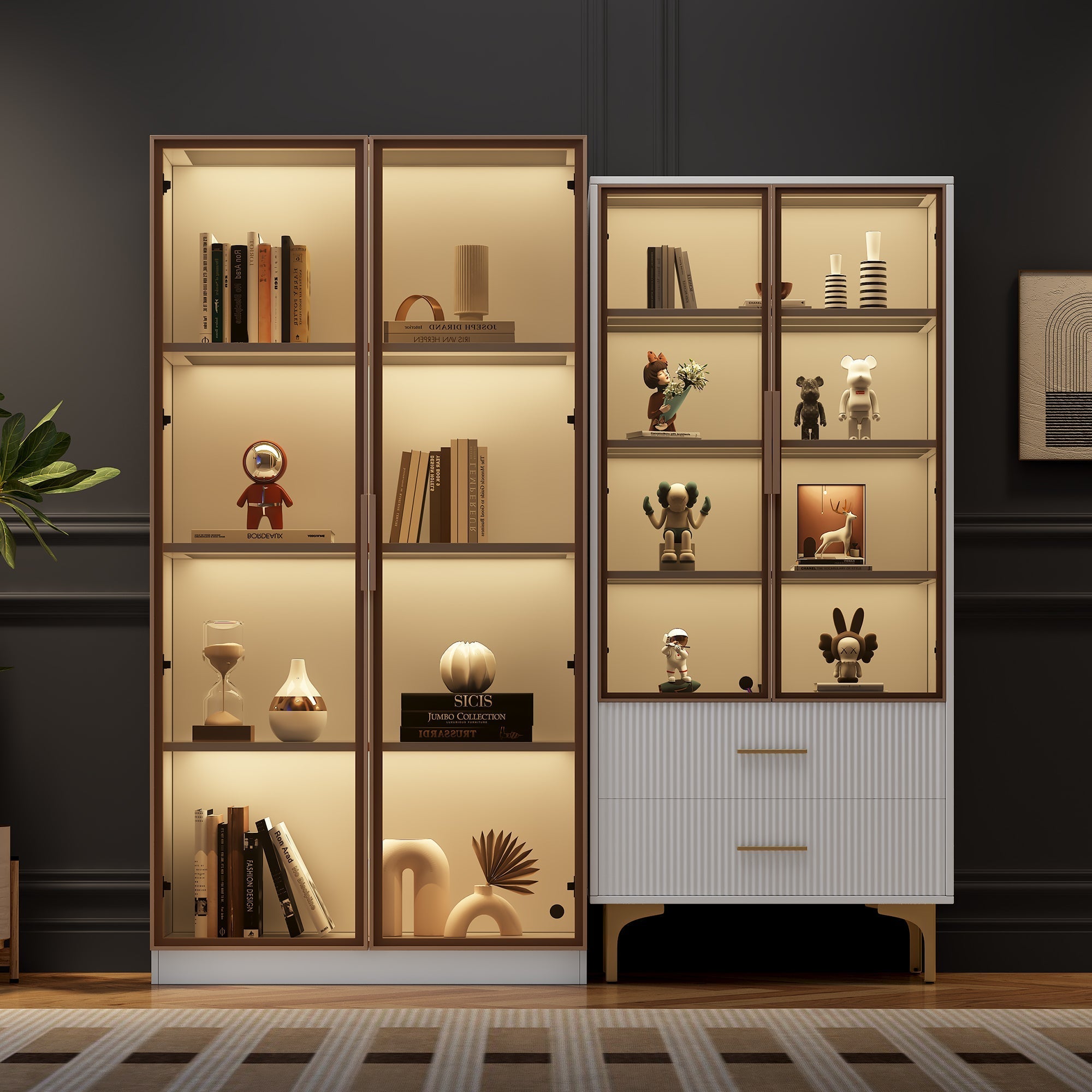 Modern Living Room Set: Two Glass Display Cabinets with LED Lighting, Adjustable Shelves, White Platinum Finish