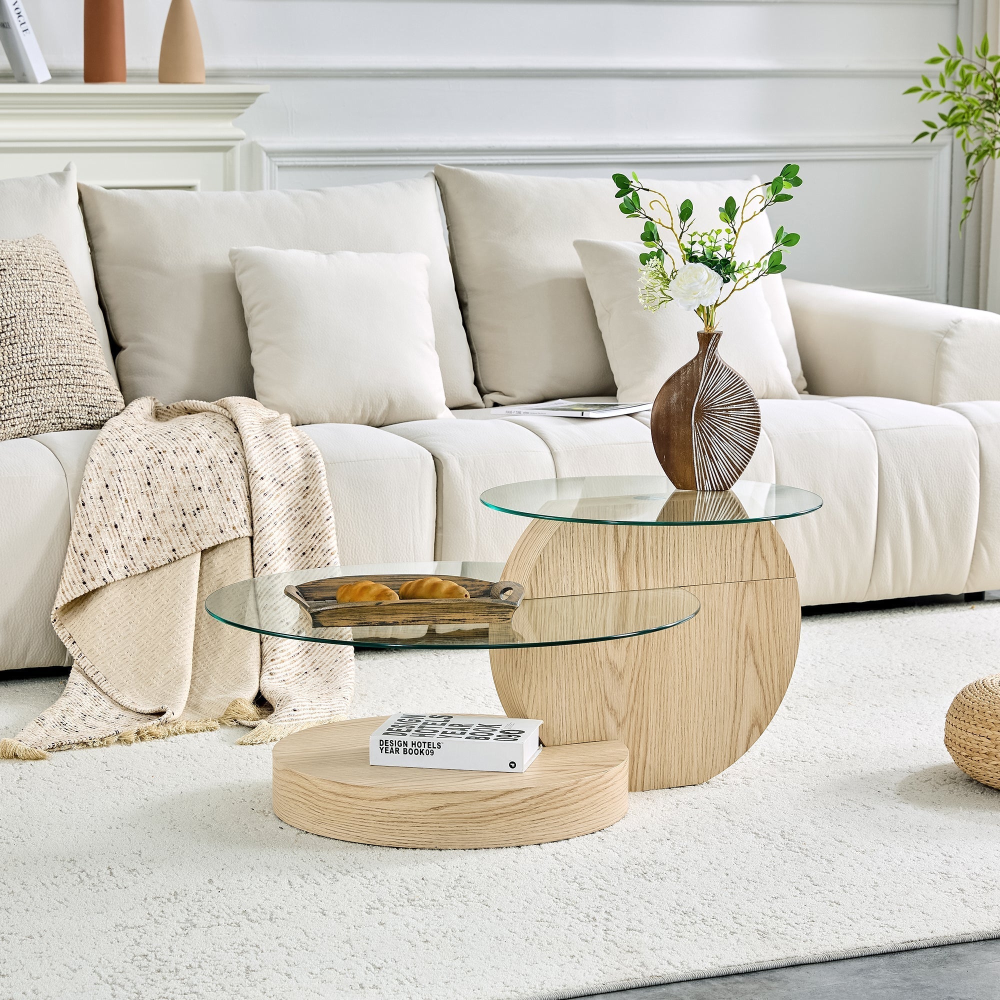 Modern Minimalist Two-Tiered Coffee Table with Safety Glass and Multi-Layered Design, Light Wood Grain MDF